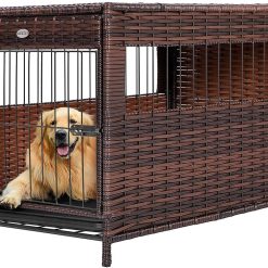 DEStar Heavy Duty PE Rattan Wicker Pet Dog Cage Crate Indoor Outdoor Puppy House Shelter with Removable Tray and UV Resistant Cover